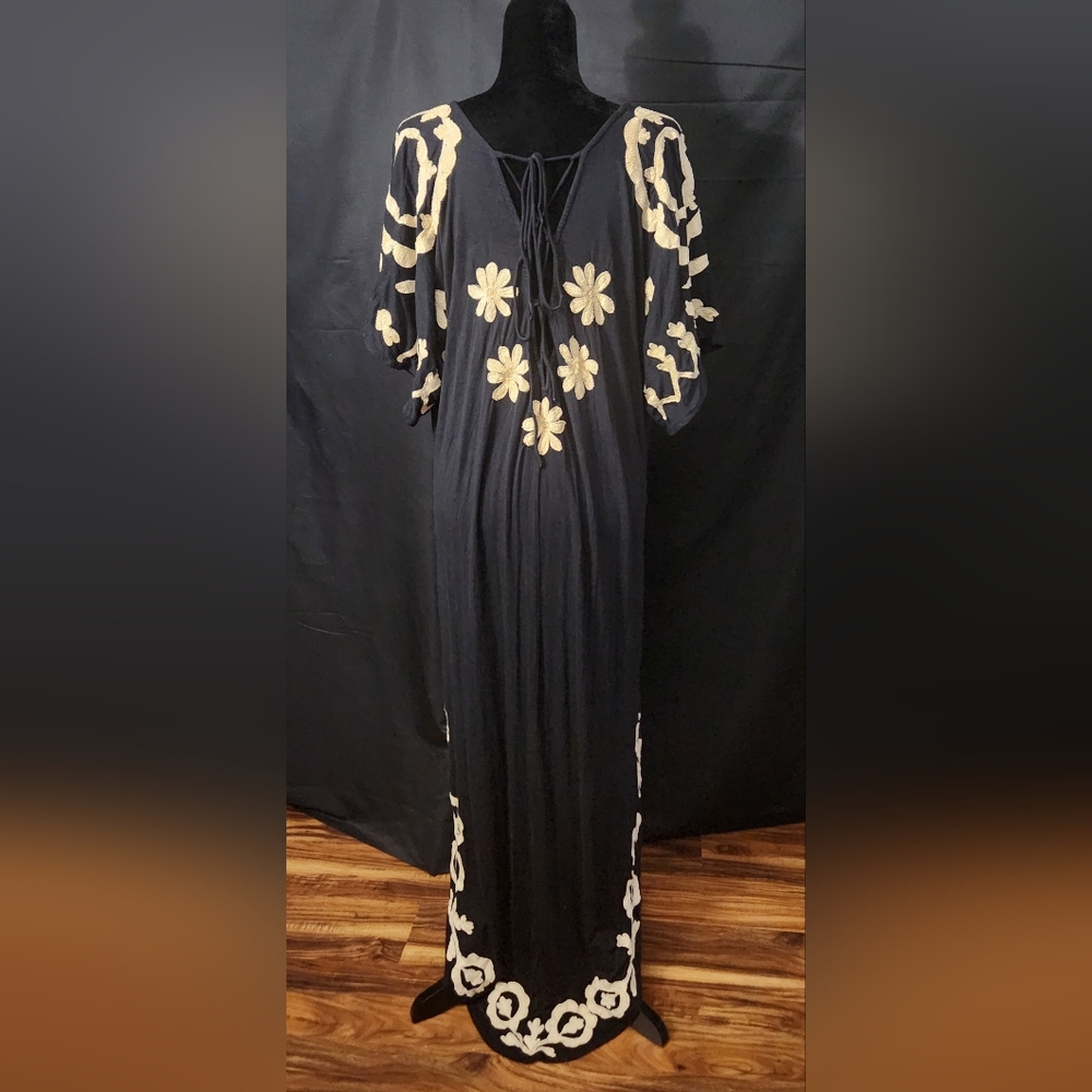 RARE Free People Black Maxi Dress with Cream Floral Embroidery - Picture 9 of 14